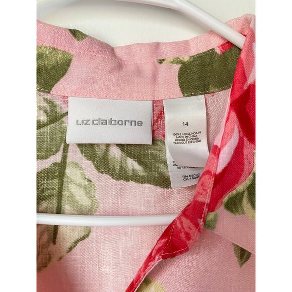 Liz Claiborne Linen Shirt Floral Pink Roses Cottagecore Romantic Button Up L 14 - Picture 2 of 7
